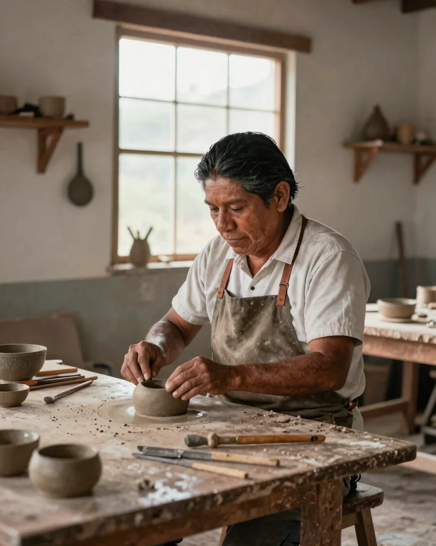 Editorial portrait of a Mexican artisan seated at a wooden workbe