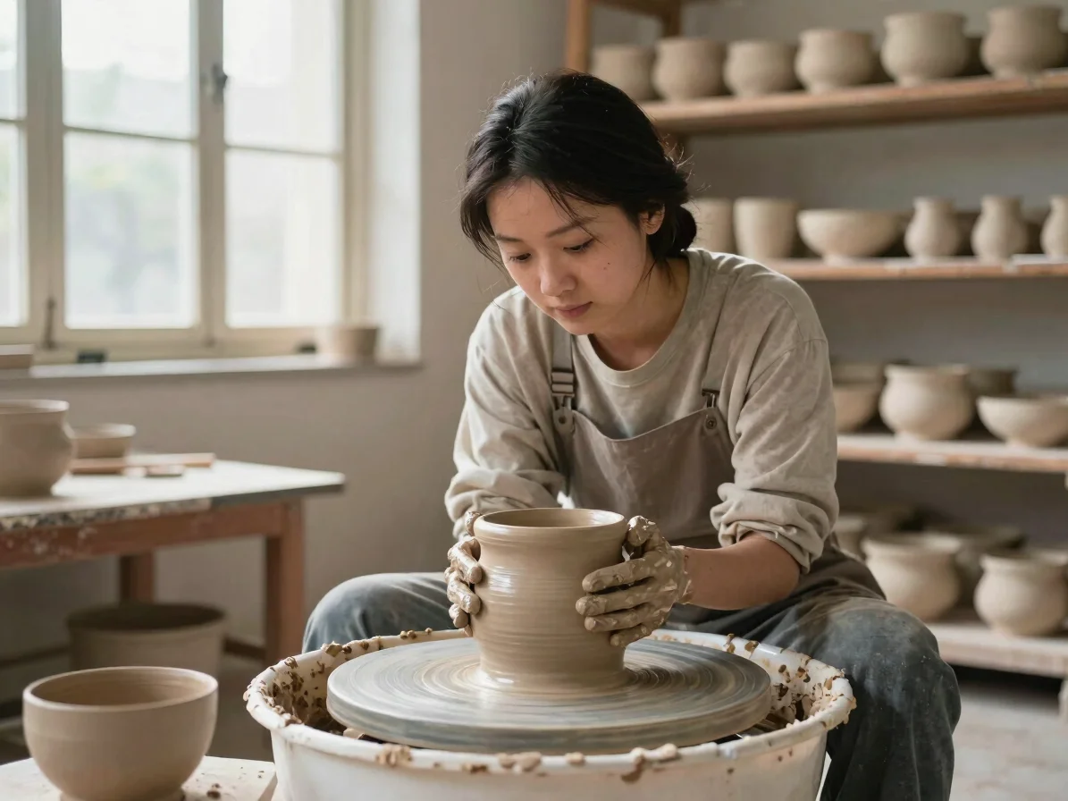 Candid environmental portrait of a potter shaping a clay vessel o