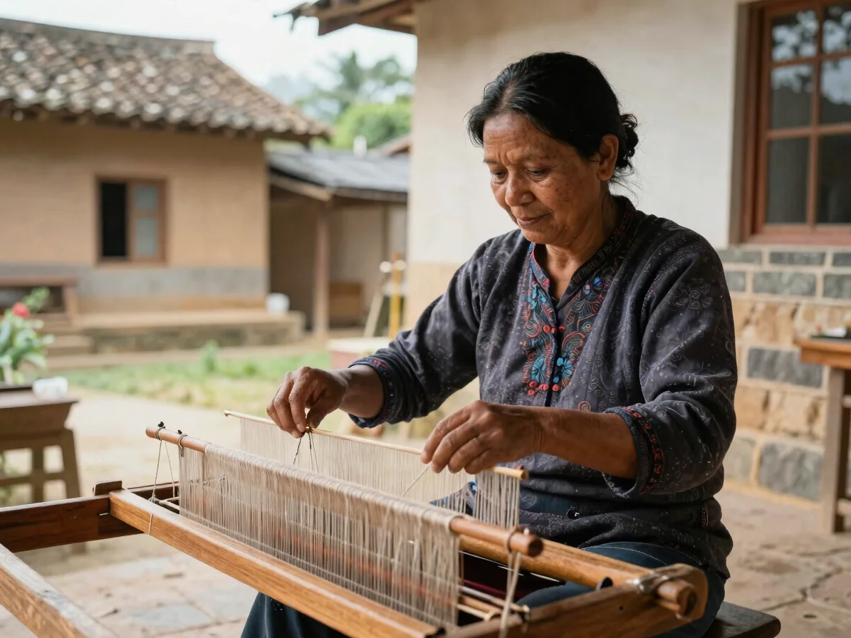 Close environmental portrait of a weaver's hands working a wooden