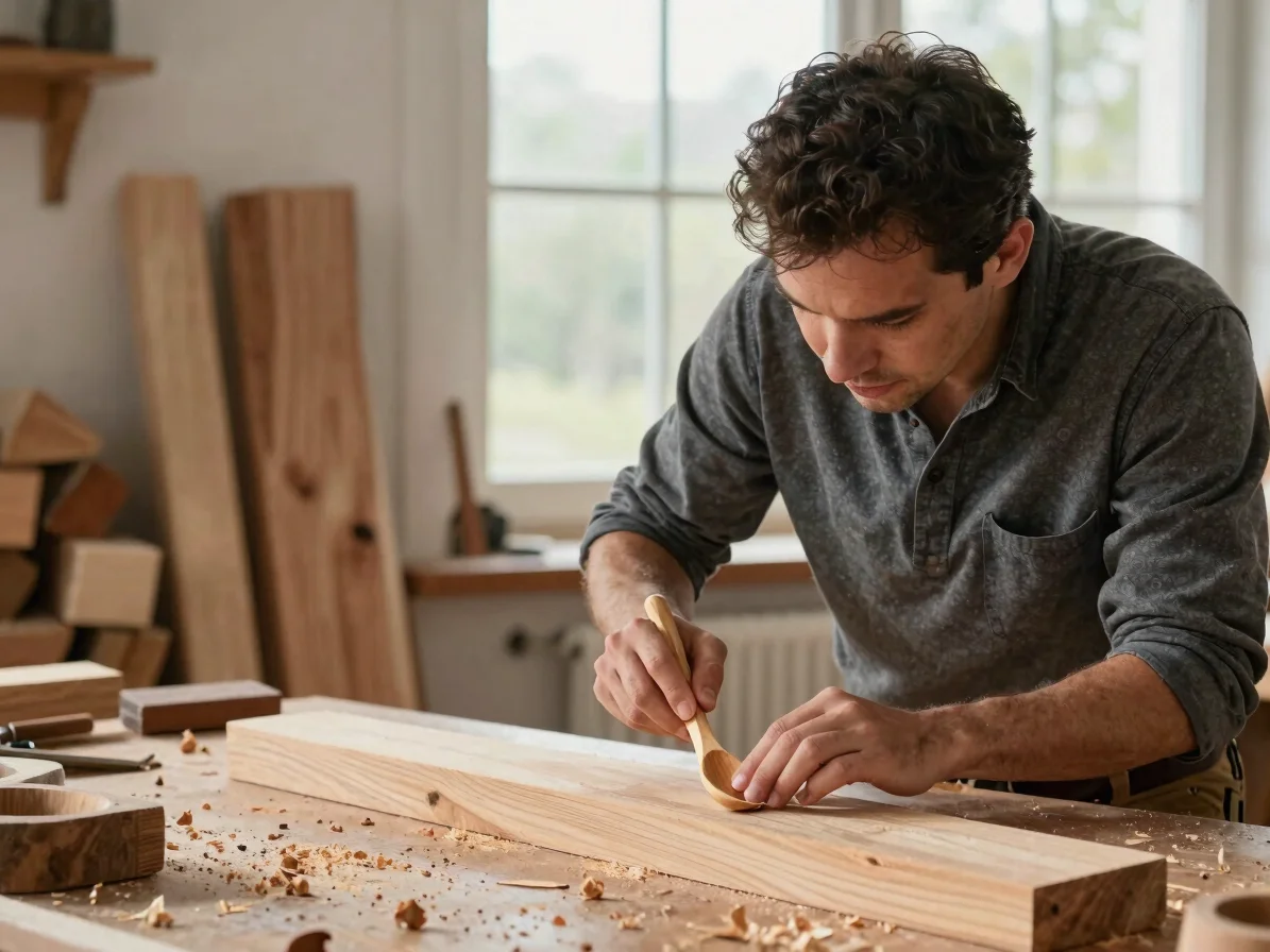 Editorial portrait of a woodworker carving a wooden spoon at a wo